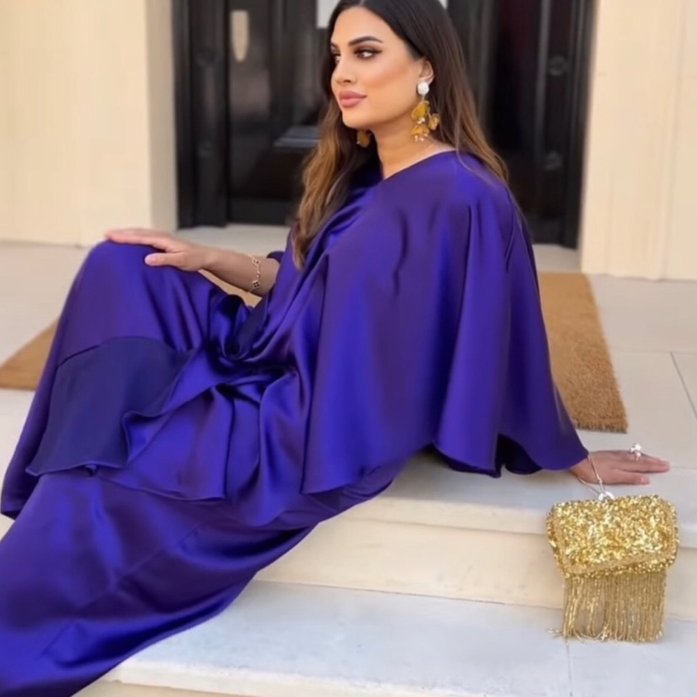 H&M Satin Maxi Dress in Deep Purple with Gold Clutch Accent